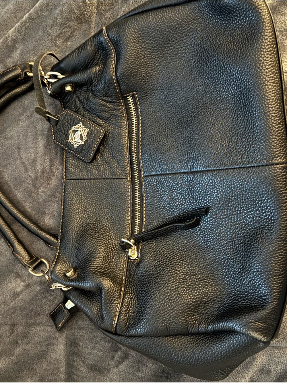 Black Leather Pebbled Hobo Bag with Zip Pocket
